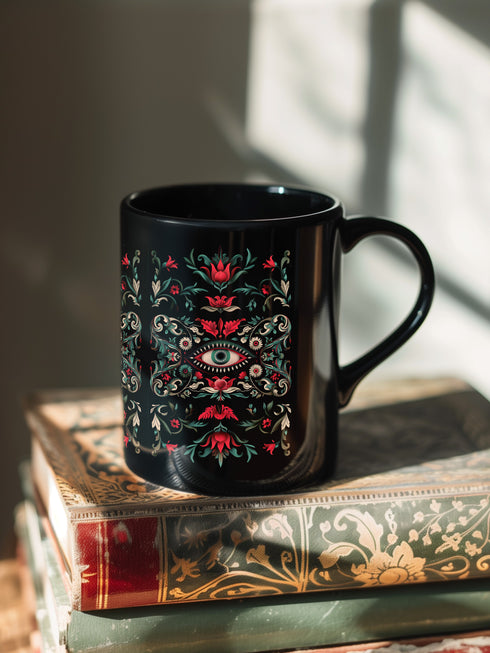 A black ceramic mug featuring a symmetrical folk art design with a central mystic eye motif in turquoise and coral. The design includes ornate scrollwork, red tulip-like flowers, sage green leaves, and cream flourishes arranged in a decorative pattern. The mug has a glossy finish with a C-shaped handle.